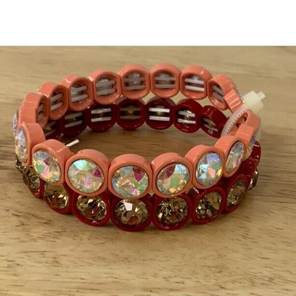 AB Rhinestone Red & Coral Stretch Bracelets Set of 2 Fashion Jewelry - Picture 2 of 9